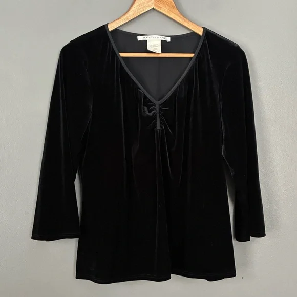 Vintage Black velvet Top 3/4 Sleeve V-neck Ruched Bust Y2K 90’s Size XL L - Picture 2 of 9